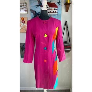 Vtg 80s- Shoulder Pads- Size 12 Dress- Bright Pink- Geometric buttons design